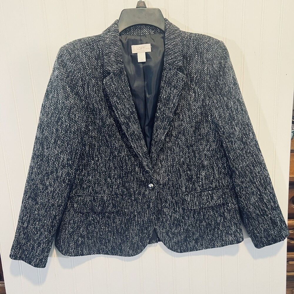 Ann Taylor Single Breasted Tweed Blazer Black White Academia Office Preppy 12P